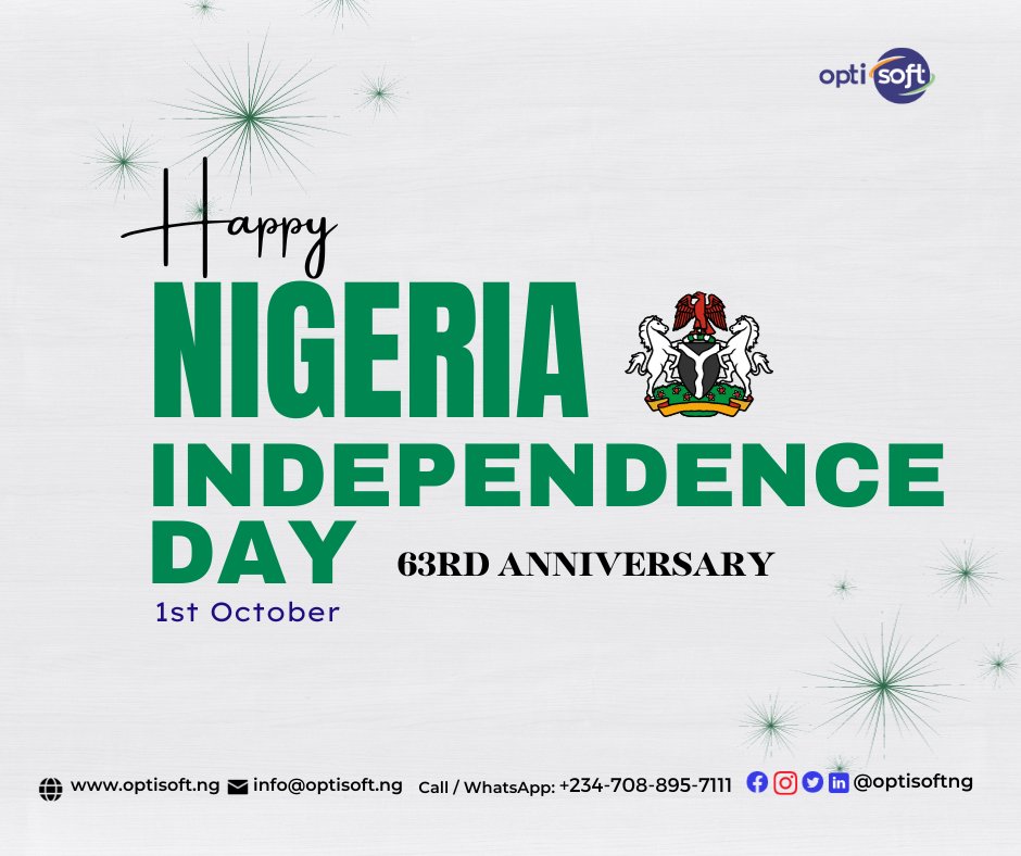 optisoftng's tweet photo. Happy 63rd Independence Day, Nigeria!

Today, we celebrate the diversity, unity and resilience of the Nigerian people, as we continue to create a brighter future together.

#NigeriaIndependenceDay #October1 #optisoftng #happyindependence https://t.co/pXDp9IE0Wi