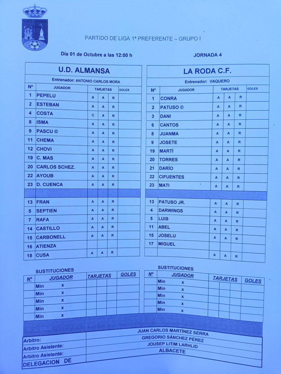LaRodaCf's tweet photo. 📢 ALINEACIÓN ‼️

UD Almansa - La Roda CF

⏱️12:00h

#contuempuje 
@ventanas_durer @Aiplast_
@radiolaroda @teleroda

#LaRodaEsDeporte 
#LaRodaVillaEuropeaDelDeporte https://t.co/H2zVxSKbOu