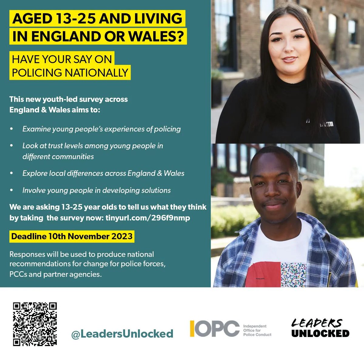 LeadersUnlocked's tweet photo. Let's talk trust and policing! 🚔 

If you're between 13-25, the IOPC Youth Panel's national survey is for you. 

Dive in and share your experiences with policing in your community. 

https://t.co/0ROOGxIejI 

#IOPCYouthPanel https://t.co/Ri2BGGDn9E