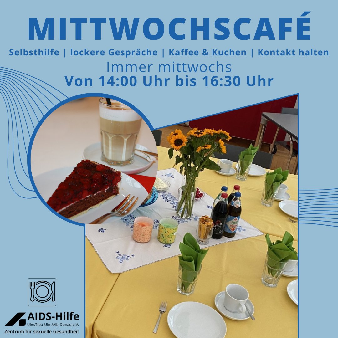 AIDSHilfeUlm's tweet photo. Wir treffen uns zwischen 14:00 Uhr und 16:30 Uhr in den Räumen der Ulmer AIDS-Hilfe.
Anmeldung erforderlich bis Dienstag per Mail an mittwochscafe@aidshilfe-ulm.de.
Wir freuen uns auf euch! https://t.co/idcXQ66XIY