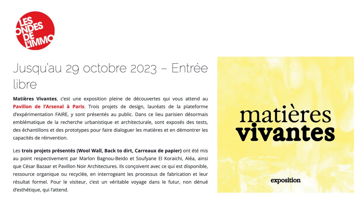 [Vu dans la presse] Merci à Anne-Sandrine DI GIROLAMO <a href="/ASPreudhomme/">AS DI GIROLAMO</a> pour l'artcile sur l'exposition "Matières Vivantes" ondesdelimmo.com/art-de-vivre/d…