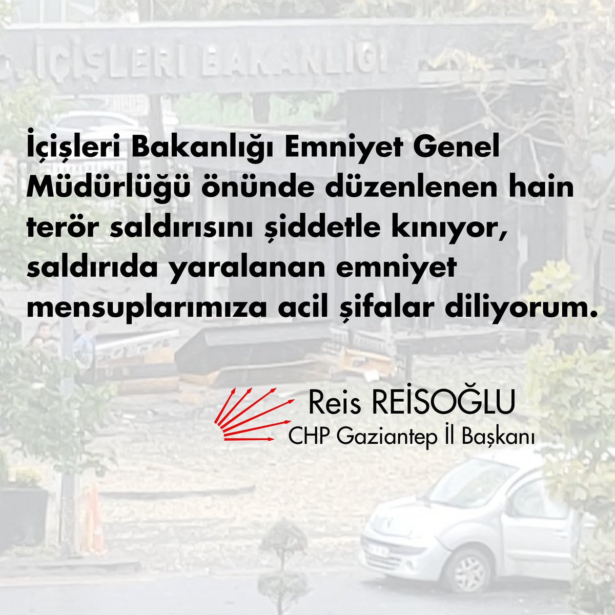 İçişleri Bakanlığı Emniyet Genel Müdürlüğü önünde düzenlenen hain #terör saldırısını şiddetle kınıyor,
Saldırıda yaralanan emniyet mensuplarımıza acil şifalar diliyorum.
