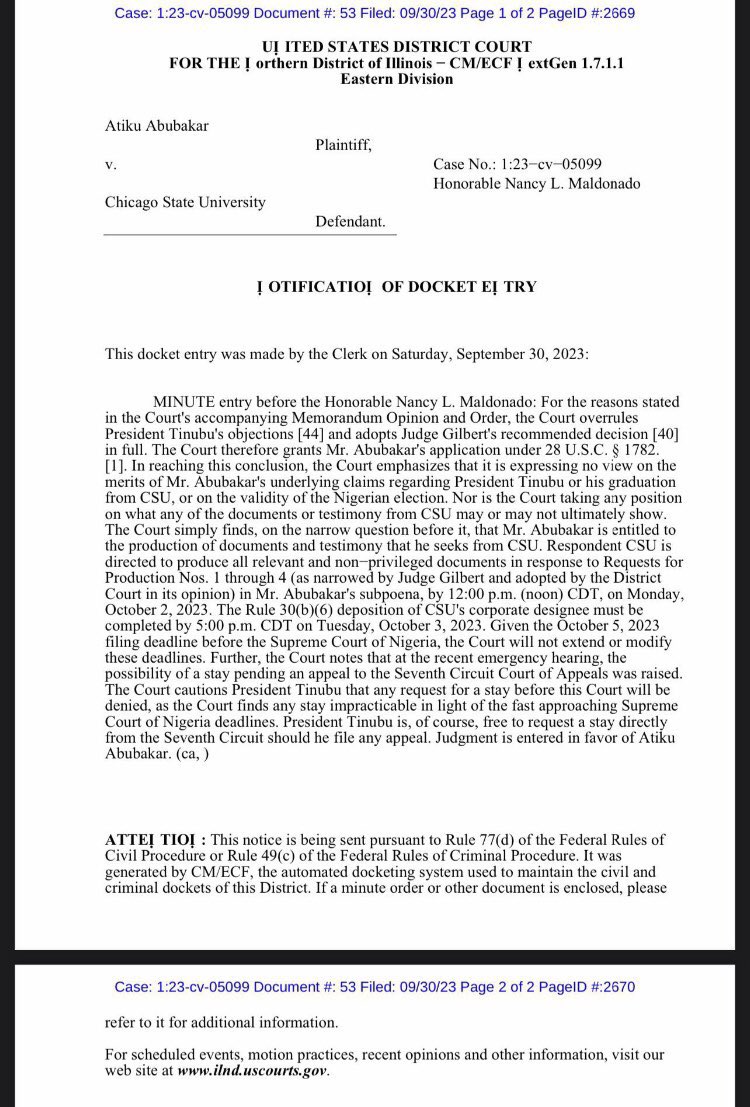 Justice Nancy L. Maldonado delivered judgement in favour of Alhaji Atiku Abubakar and mandated Chicago State University to release Tinubu's Academic records to Atiku forthwith.This a new dawn for Nigeria. My warmest gratitude goes to <a href="/atiku/">Atiku Abubakar</a> for his doggedness and <a href="/DavidHundeyin/">David Hundeyin</a>