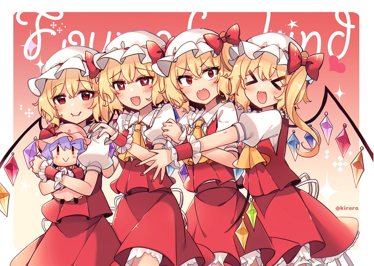 flandre scarlet ,remilia scarlet hat mob cap open mouth crystal multiple girls wings ascot  illustration images