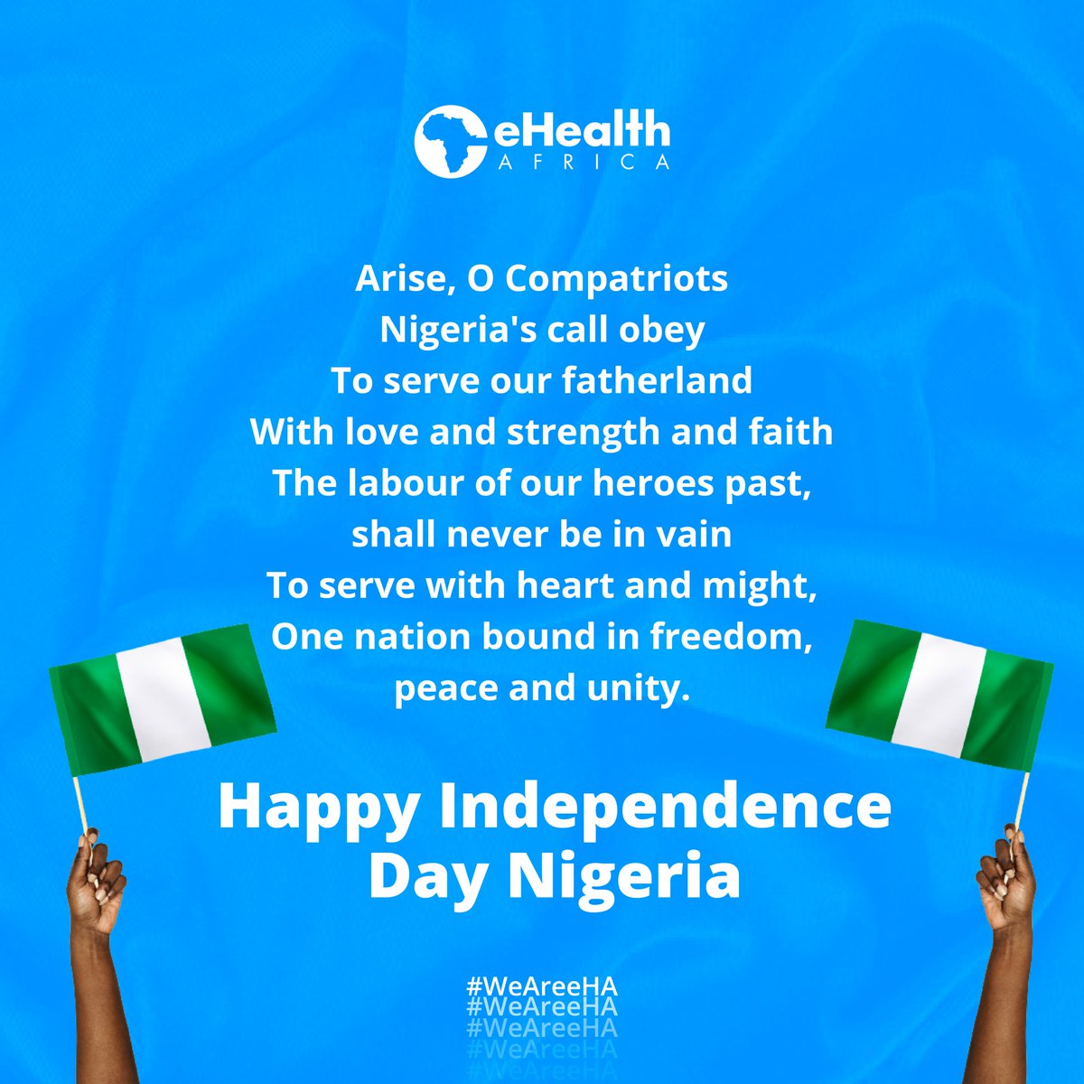 eHealth_africa's tweet photo. 🎉🎉🎉 
Happy Independence Day Nigeria!

As we celebrate 63 years of your existence, @eHealth_africa  remains ever committed to seeing underserved communities reached with the needed public health solutions.

"...Great lofty heights attain..."

#independenceday2023 #NigeriaAt63 https://t.co/t70UsU01JM