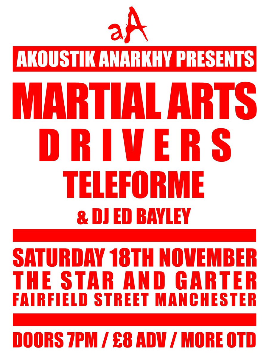 martialartsband's tweet photo. SATURDAY THE 18TH NOVEMBER 

We headline The Star &amp; Garter for our biggest show to date. 

Handpicked supports from Manchester very own DRIVERS &amp; South Essex band @teleforme 

Tickets on sale via our bio, see you all there. https://t.co/U11jVk0OON