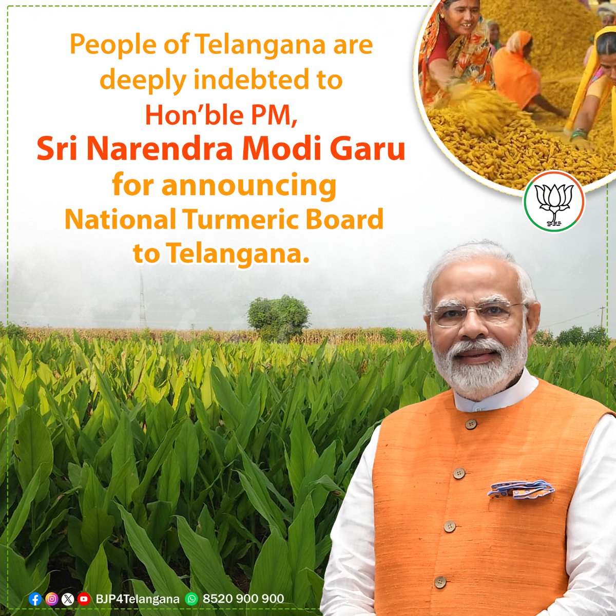 BJP4Telangana's tweet photo. People of Telangana welcome the setting up of National Turmeric Board by the @narendramodi Ji Government which will transform the lives of Turmeric Farmers of Telangana.

#Modi4Telangana https://t.co/3xEvbY8i12
