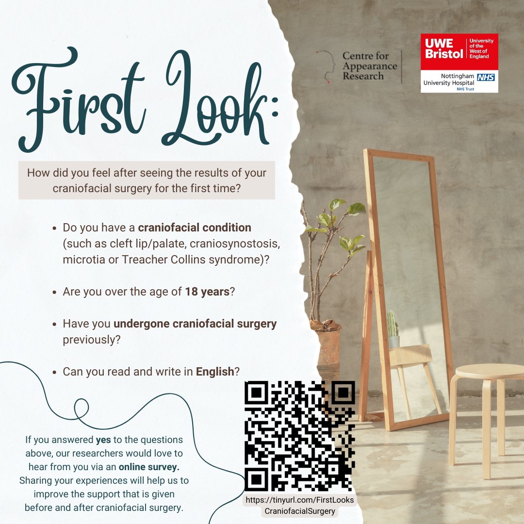 Face Equality International (@faceequalityint) on Twitter photo Researchers at <a href="/CAR_UWE/">Appearance Research</a> are looking for people to take part in a survey about craniofacial surgery.
If you are an adult with a craniofacial condition, they'd love to hear from you. Your anonymous responses will help improve psychosocial support for others undergoing surgery. Researchers at <a href="/CAR_UWE/">Appearance Research</a> are looking for people to take part in a survey about craniofacial surgery.
If you are an adult with a craniofacial condition, they'd love to hear from you. Your anonymous responses will help improve psychosocial support for others undergoing surgery.