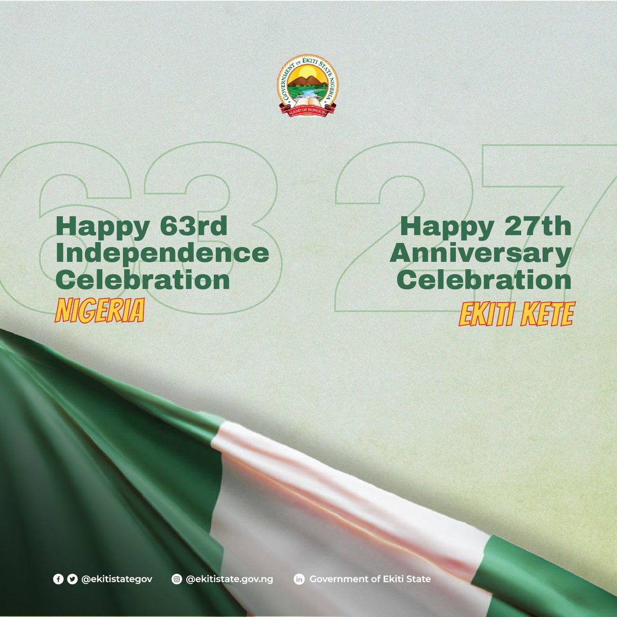 ekitistategov's tweet photo. Ekiti State joyfully celebrates its 27th anniversary today, coinciding with Nigeria's 63rd #IndependenceDay, and it features a special address by H.E. Biodun Oyebanji @biodunaoyebanji.

📺Watch Here: https://t.co/iq9sHr5WV6

📜Read Here: https://t.co/XBr7cUXyMZ

#Ekiti https://t.co/MzFG3kRAhR