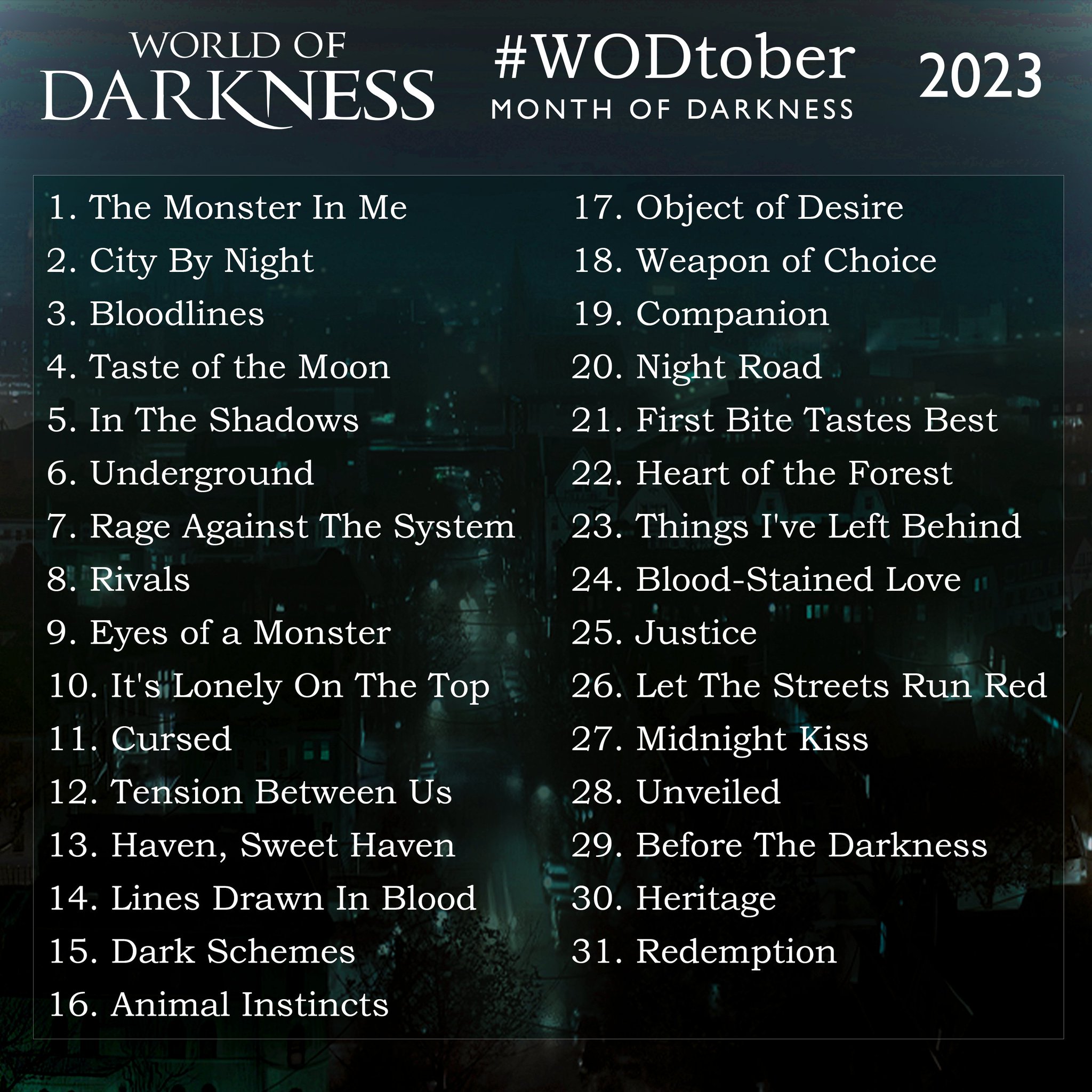 World of Darkness on X: Month of Darkness has begun! As tradition demands,  this marks the beginning of #vamptober - but this year, we're expanding it  with a second set of prompts - #