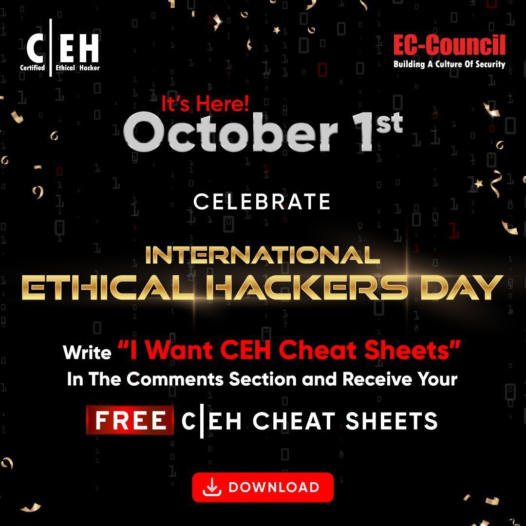 ECCOUNCIL's tweet image. Happy International Ethical Hacker’s Day!
Today, October 1st we celebrate the guardians of the digital realm. Get your FREE C|EH Cheat Sheets.
#EthicalHackingDay #CEH #CyberSecurity #eccouncil #certifiedethicalhacker #cheatsheets #cybersecuritycheatsheets #cehcheatsheets