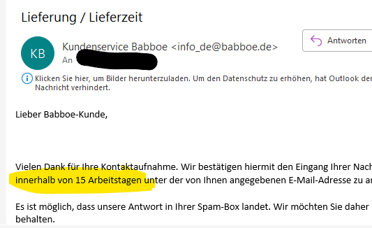 freedl's tweet photo. @babboe_bakfiets druckt ihr die Kundenserviceanfragen aus und verschickt sie dann per Brieftaube? 3 Wochen für die Bearbeitung einer Kundenanfrage - Respekt! https://t.co/5KjOKuQvsB