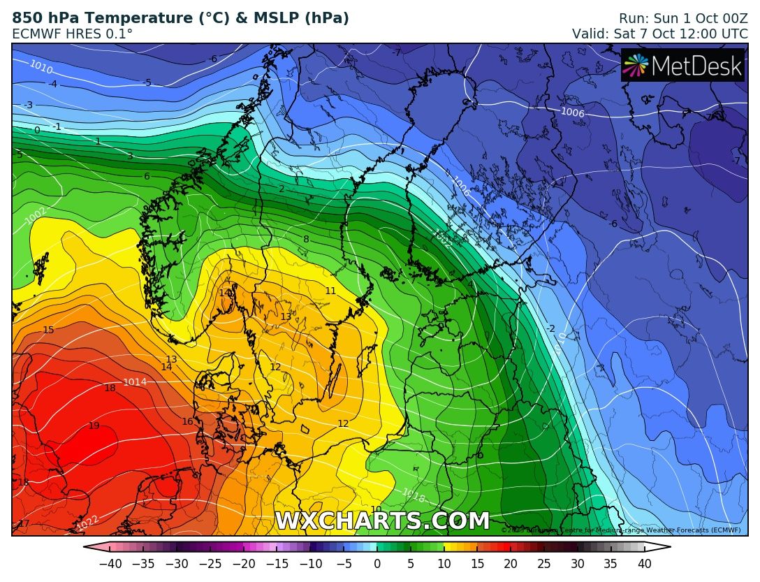 meteolapa's tweet photo. Zemāk divi attēli ar 850 hPa temperatūru 1,5 km augstumā sestdien, 07.10. - ECMWF un GFS prognoze (https://t.co/Z40KTqDfLD). Lai gan citi apstākļi uz zemes vairāk ietekmē potenciālo temperatūru, redzama būtiska atšķirība starp siltu un aukstu laiku. Paredzu, ka sniegs vēl nebūs. https://t.co/W0NgERDRFb