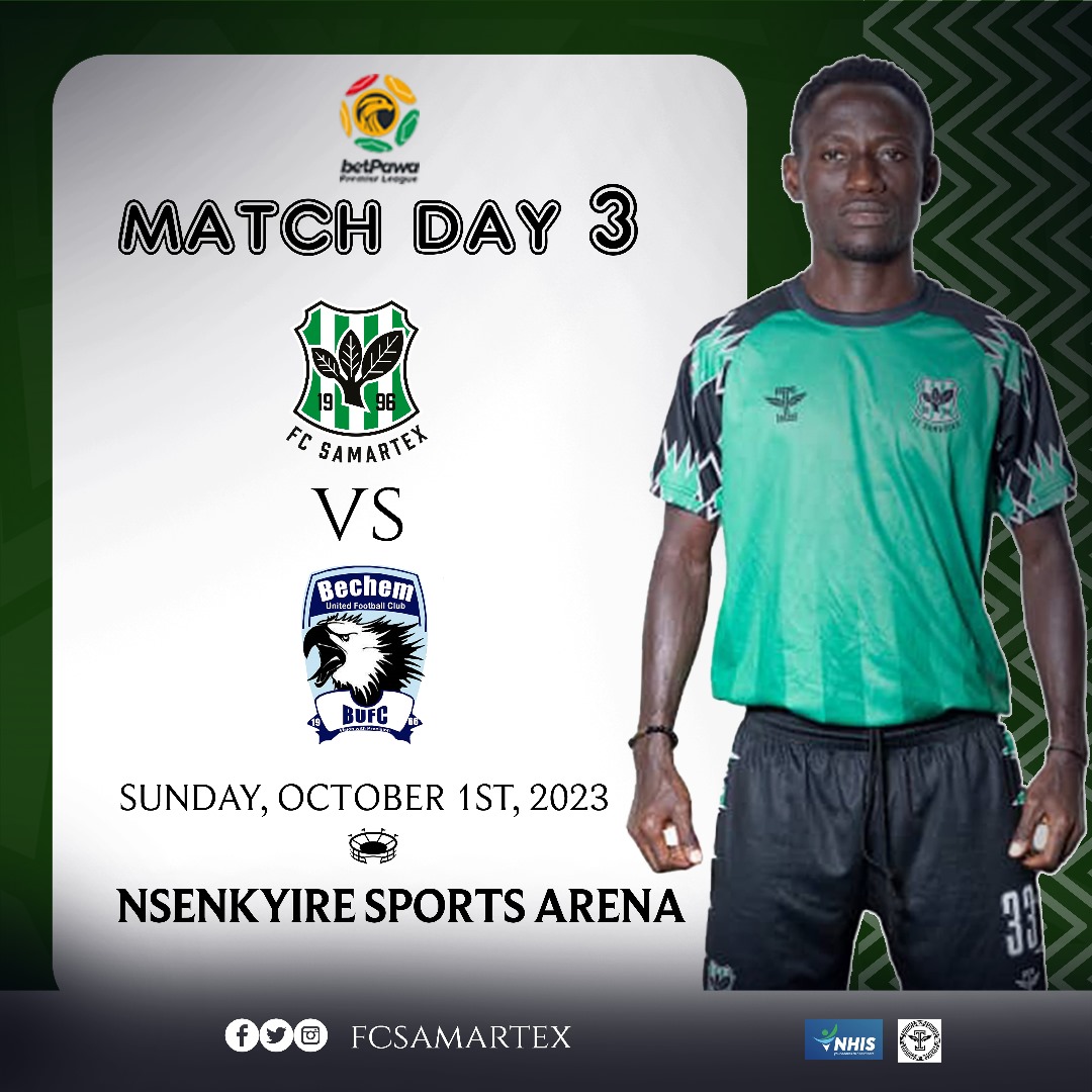 FcSamartex1996's tweet photo. 🟢 𝗠𝗔𝗧𝗖𝗛𝘿𝘼𝙔 ⚪️
🆚 @BechemUnitedFC
🕗 3:00pm
🏆 Ghana Premier League
🏟️ Nsenkyire Sports Arena
#SaxBechem #TimberGiants https://t.co/9woJi7bvZB