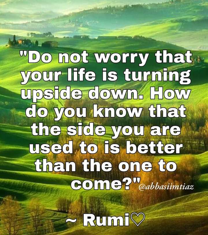 Do not worry that your life is turning upside down. How do you know that the side you are used to is better than one to come?

~ Rumi 
    #Rumi #Rumiquotes #Philosophy 
    #Literature #EnglishLiterature 
    #Philosophyquotes #quotestoliveby 
    #quoteoftheday