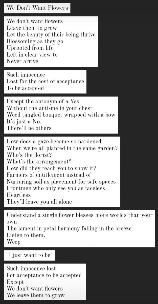 ProchorusLDN's tweet photo. 'We Don't Want Flowers'
#poem
#Flowers https://t.co/IRduSHE10u