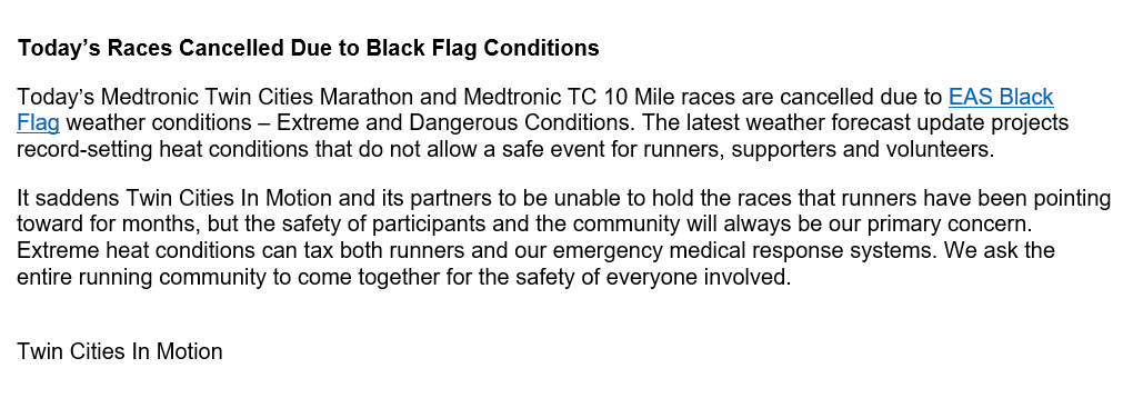 LeahBenoFox9's tweet photo. #BREAKING: Today's Twin Cities Marathon is CANCELLED.  See statement from @tcmarathon https://t.co/yyEuLDGvra