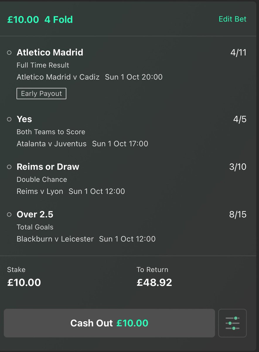 Todays mixed acca 👀 🇪🇸 Atletico Madrid to win 🇮🇹 Atalanta v Juventus - both teams to score 🇫🇷 Reims or draw 🏴󠁧󠁢󠁥󠁮󠁧󠁿 Blackburn v Leicester- over 2.5 Odds - 3.89/1 🤑🤞
