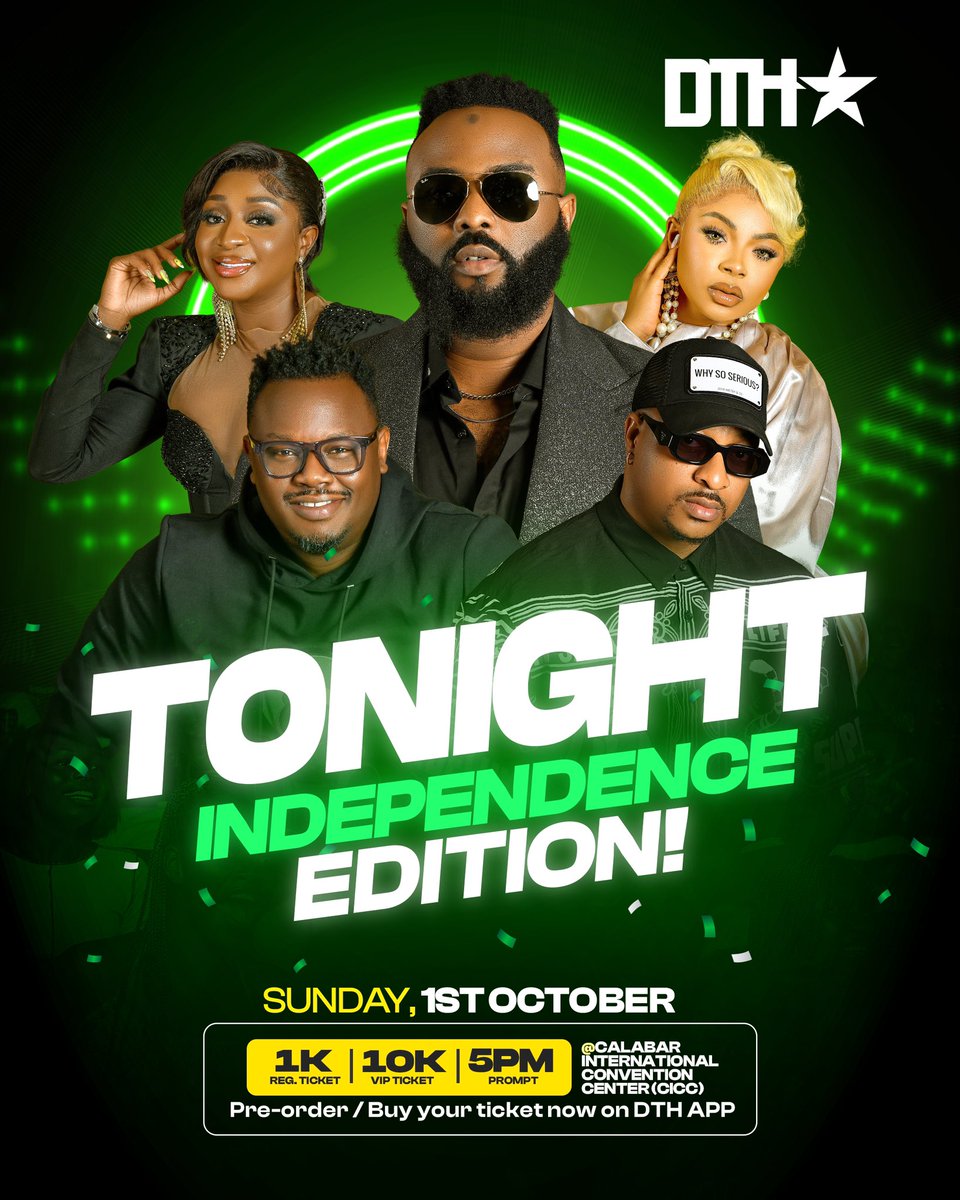 Don’t miss the electrifying performances TONIGHT as we celebrate the independence of our dear Country, Nigeria 🇳🇬 🎉

Lots of special moments and Amazing prizes to be won 🎁💰TONIGHT <a href="/dthngr/">De9jaSpirit Talent Hunt</a> 

#de9jaspirittalenthunt #DTH #naijiawaves #calabar #darkchocolatedc Tbaj breaking news