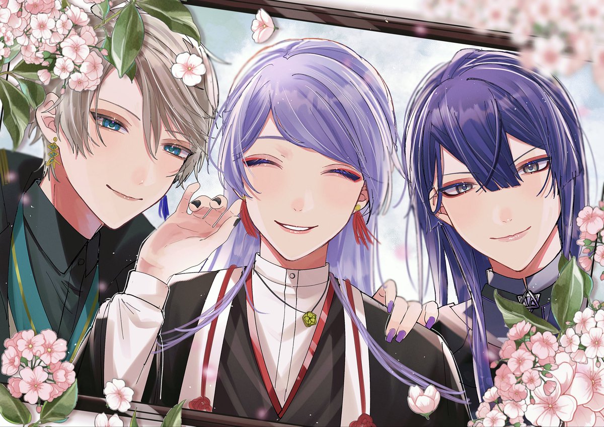 multiple boys flower smile 3boys jewelry blue eyes purple hair  illustration images