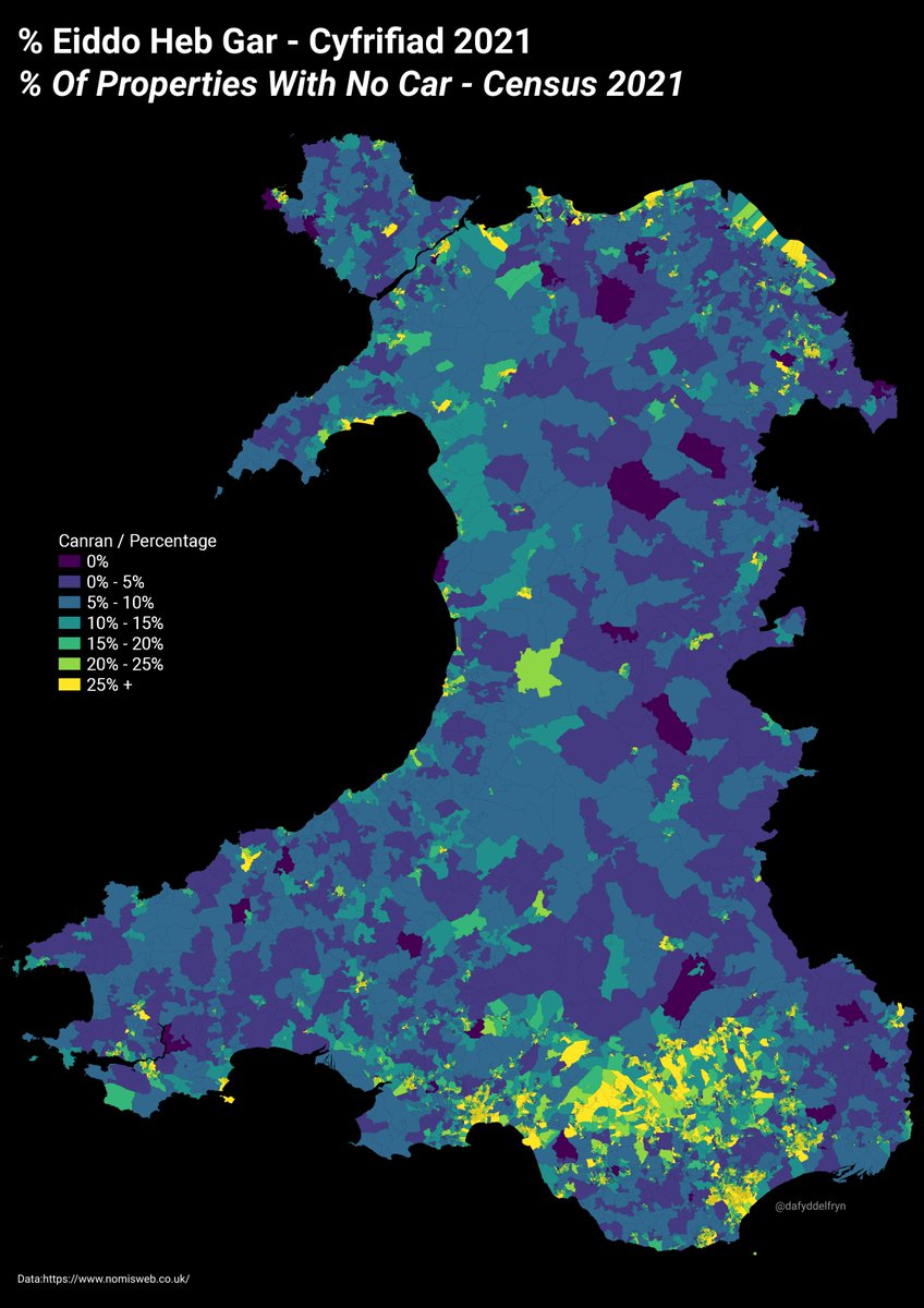 Map newydd yn edrych ar eiddo yng Nghymru sydd heb geir. Cyfateb i 20% o'r boblogaeth (Cyfrifiad 2021) New map looking at households with no cars. Equates to 20% of the population (Census 2021)