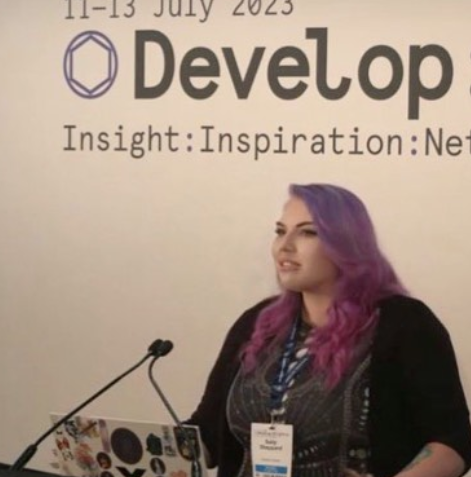 SallyGameDev's tweet photo. From the start of your dev career to now: 2021 I took my solo dev project to EGX vs 2023 speaking at develop as Founder of @wyrdren and Art Director of @ArrogantPixel. 
I know I haven't been a game developer for long but I am super proud of what I have achieved.
#gamedev https://t.co/eiRdCEuagA