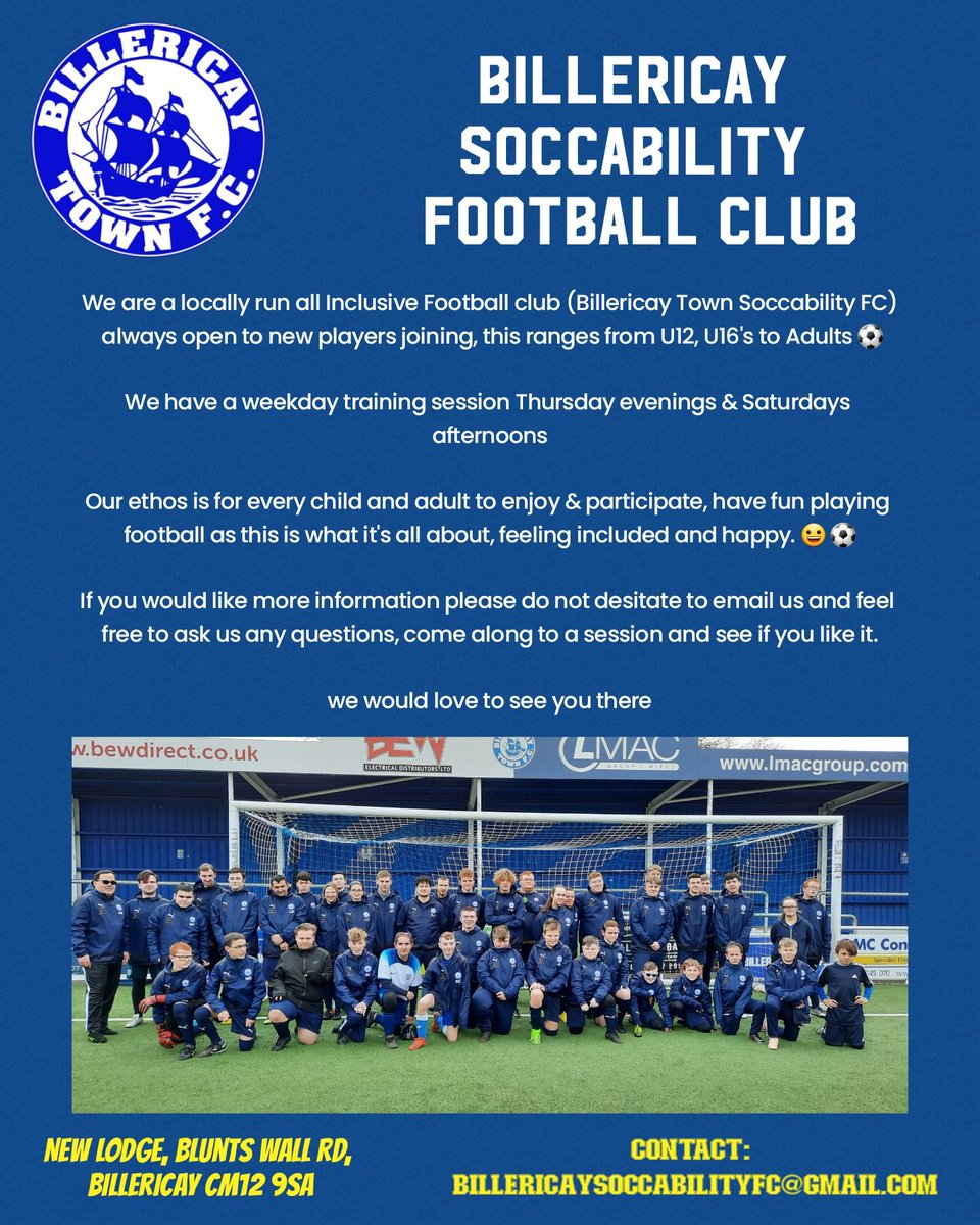 dhopkinson12's tweet image. Billericay Soccability FC is Looking for new players for the 2023/24 season. Please feel to message one of us or use the email. We believe in giving everyone a chance in playing football.

#btsfc #inclusivitymatters #soccability #football #disabilityfootball