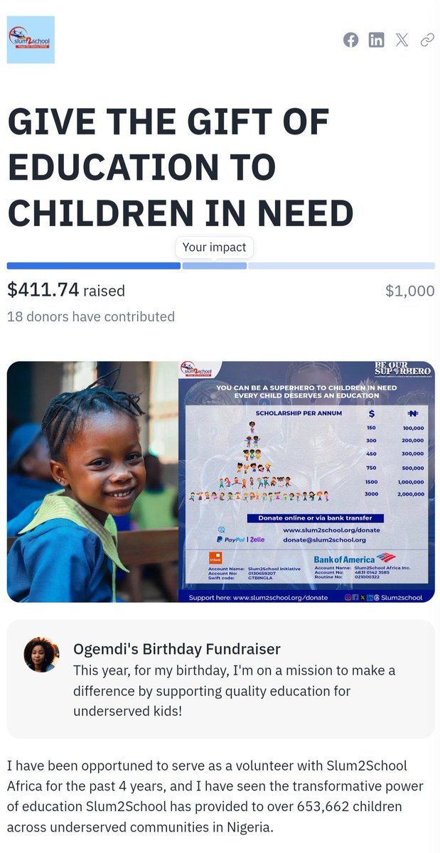 Ogemdi Anika (@ogemdianika) on Twitter photo 40% of our fundraising for <a href="/slum2school/">Slum2School Africa</a> goals have been achieved! 👏 God bless everyone who has donated. Now, let's take down the remaining 60%
slum2school.org/ogemdi-birthda… 40% of our fundraising for <a href="/slum2school/">Slum2School Africa</a> goals have been achieved! 👏 God bless everyone who has donated. Now, let's take down the remaining 60%
slum2school.org/ogemdi-birthda…
