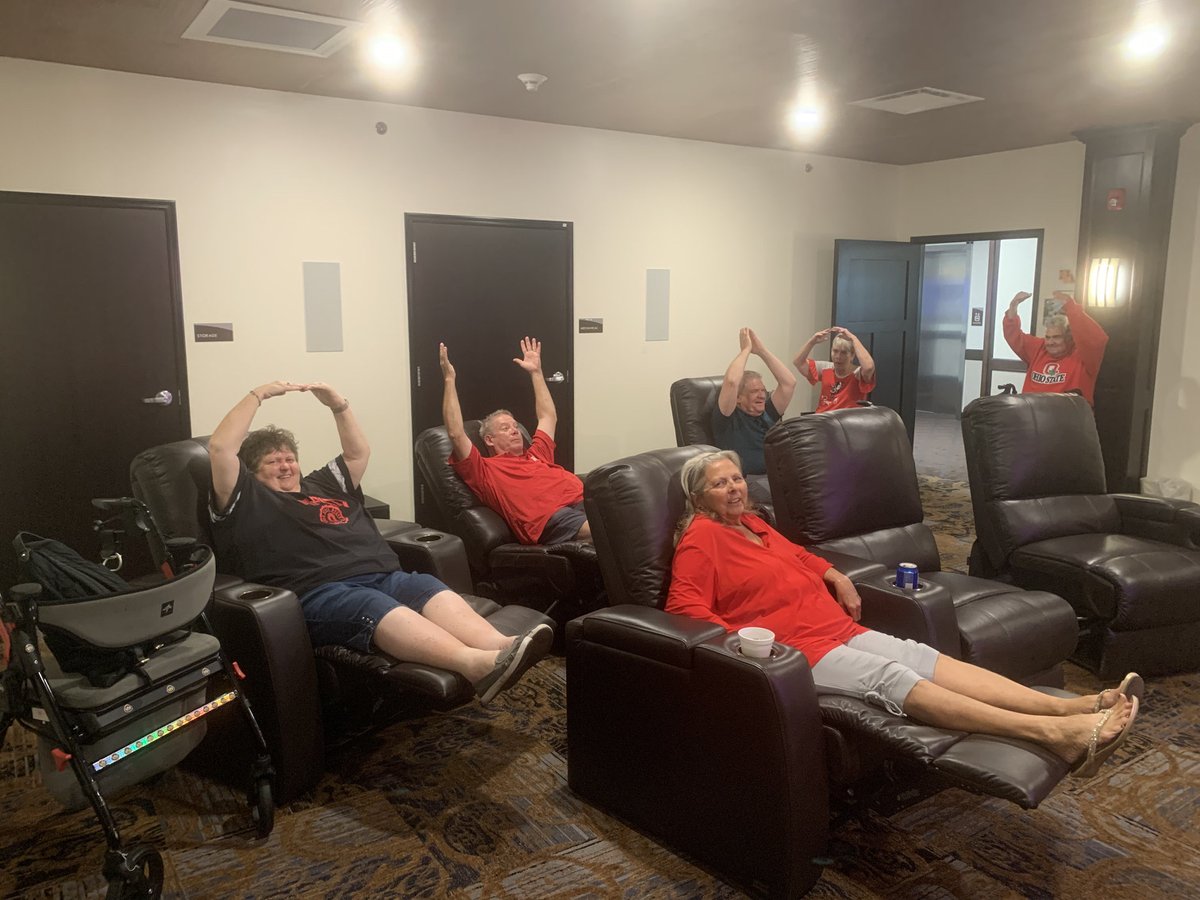 SmithsMillHC's tweet photo. Smith’s Mill Independent residents and family enjoy cheering on our Buckeyes in their Theatre on Saturdays! https://t.co/2orwFrQgV9