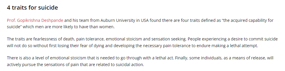 Utter hokum from 'scientists' trying to explain away #MaleSuicide as 'natural' so we DON'T have to deal with it.

Men don't kill themselves because a 'high pain tolerance'. They do it because they're driven into a corner and see only one way out.

archive.ph/Z2wdO