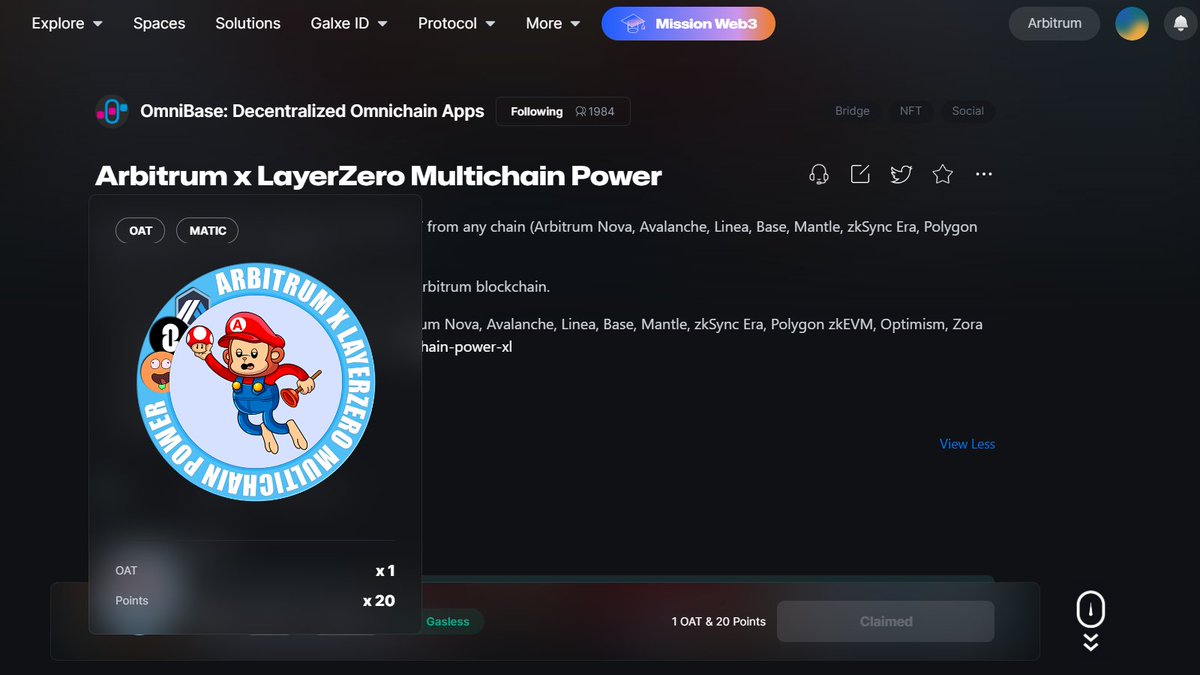 OmniBase_xyz's tweet photo. 🚀Claim the special Arbitrum x LayerZero Multichain Power OAT!

✅Mint NFT on any blockchain ( #zkSyncEra , #Base , Linea, Zora , Optimism etc.), then bridge it to #Arbitrum blockchain: https://t.co/ciU2TQO1xt

💎Claim OAT on Galxe: https://t.co/WFtTOdOnUQ

#GalxeOAT #LayerZero https://t.co/02CMXd3pEh