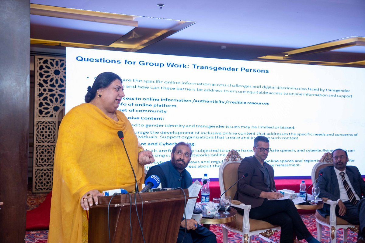 PJNPakistan's tweet photo. To sensitize key stakeholders about access to information challenges #transgender community is facing especially in online space including digital divide, censorship and content restrictions, misinformation, cyberbullying and harassment and digital safe spaces,   after extensive deliberations by the transgender rights experts moderated by Ms. Moon Ali (@MahnoorChMoon) prepared recommendations and presented their plans to duty bearers including the Ministry of Human Rights, Information Commissions, and Information and Broadcasting at the national conference "𝐀𝐜𝐜𝐞𝐬𝐬𝐢𝐧𝐠 𝐈𝐧𝐟𝐨𝐫𝐦𝐚𝐭𝐢𝐨𝐧 𝐢𝐧 𝐎𝐧𝐥𝐢𝐧𝐞 𝐒𝐩𝐚𝐜𝐞𝐬 𝐚𝐧𝐝 𝐌𝐚𝐫𝐠𝐢𝐧𝐚𝐥𝐢𝐬𝐞𝐝 𝐂𝐨𝐦𝐦𝐮𝐧𝐢𝐭𝐢𝐞𝐬" in Islamabad organized by
@PJNPakistan, @UnescoPakistan, @PkInfoCom, and @NLinPakistan
#LeaveNoOneBehind #IDUAI2023 #UniversalAccessToInformation