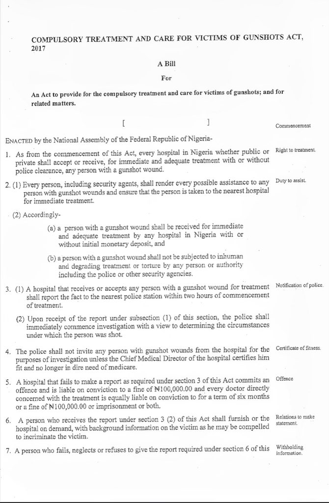 Abdyekeen_Bash's tweet photo. The Compulsory Treatment And Care For Victims Of Gunshot Act, 2017, was proposed by Dr. Abubakar Bukola Saraki led 8th Senate, and was assented to by then President Muhammadu Buhari.

That piece of legislation was introduced to protect Nigerians who have been victims of violence of any form.

The Maitama General Hospital erred in its decision not to provide emergency care to Late Greatness Olorunfemi.

I strongly call on the Ministry of Health, to sanction the leadership of the Maitama General Hospital for violating this very law.