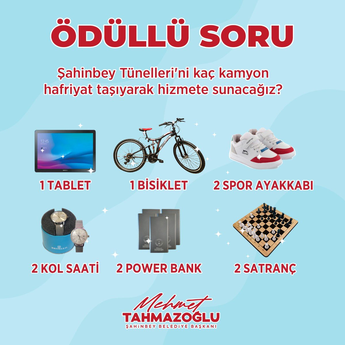 Kıymetli hemşehrilerim; 

Size ödüllü bir soru hazırladık.👇🏻

Ödülü kazanmak için yapmanız gerekenler;

📱 <a href="/sahinbeybel/">Şahinbey Belediyesi</a> ve <a href="/mtahmazoglu/">Mehmet Tahmazoğlu 🇹🇷</a> hesaplarını takip et,
✅ Gönderiyi beğenve RT yap,
🔁 Doğru cevabı yoruma yaz, 1 arkadaşını etiketle.

Doğru cevabı verenler arasından
