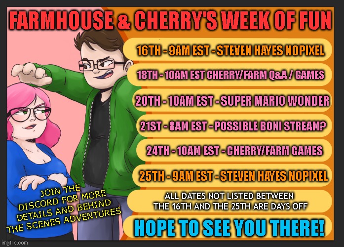 Farmhouse781's tweet photo. Cherry's flying all the way here from Scotland an we're doing some streams together! Buckle up cause it's gonna be a FUN TIME! 🍒🏡 Hope to see you there! https://t.co/YdkByr0r0Z