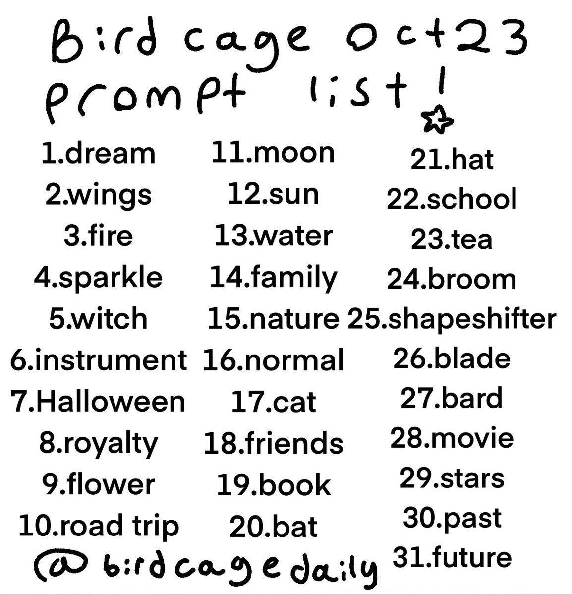 birdcagedaily's tweet photo. i have thrown together an amalgamation of other oct prompt lists for birdcage! if anyone wants to use this go ahead i just wanted to do something fun for october #birdcage https://t.co/527u0H9EeD