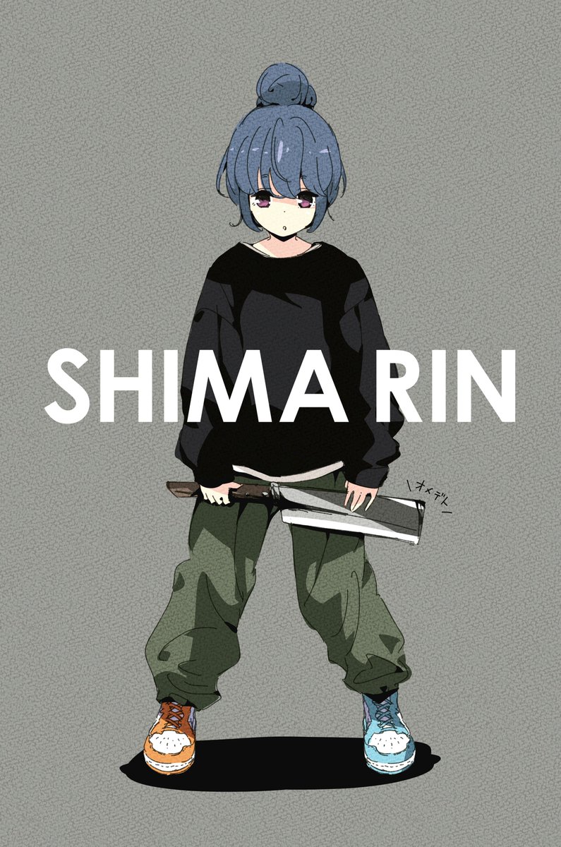 shima rin 1girl solo blue hair hair bun single hair bun green pants pants  illustration images