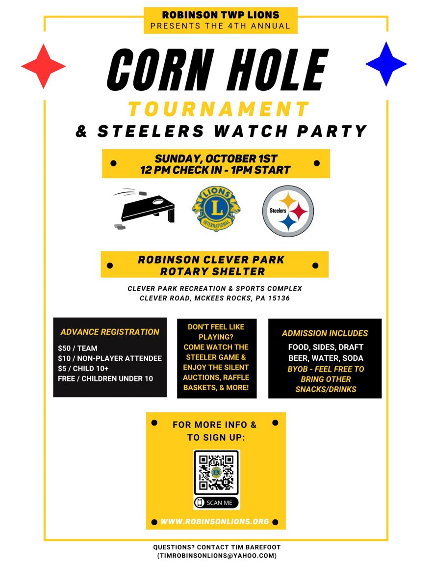Robinson_Lions's tweet photo. Todays our 4th annual Corn Hole tournament &amp; it's not too late to participate! 🏆 The weather looks great, tickets for teams &amp; non-player attendees will be sold at the door, &amp; the Steeler game will be streamed! 🏈 We hope to see you there!! https://t.co/PXipPRn5FM