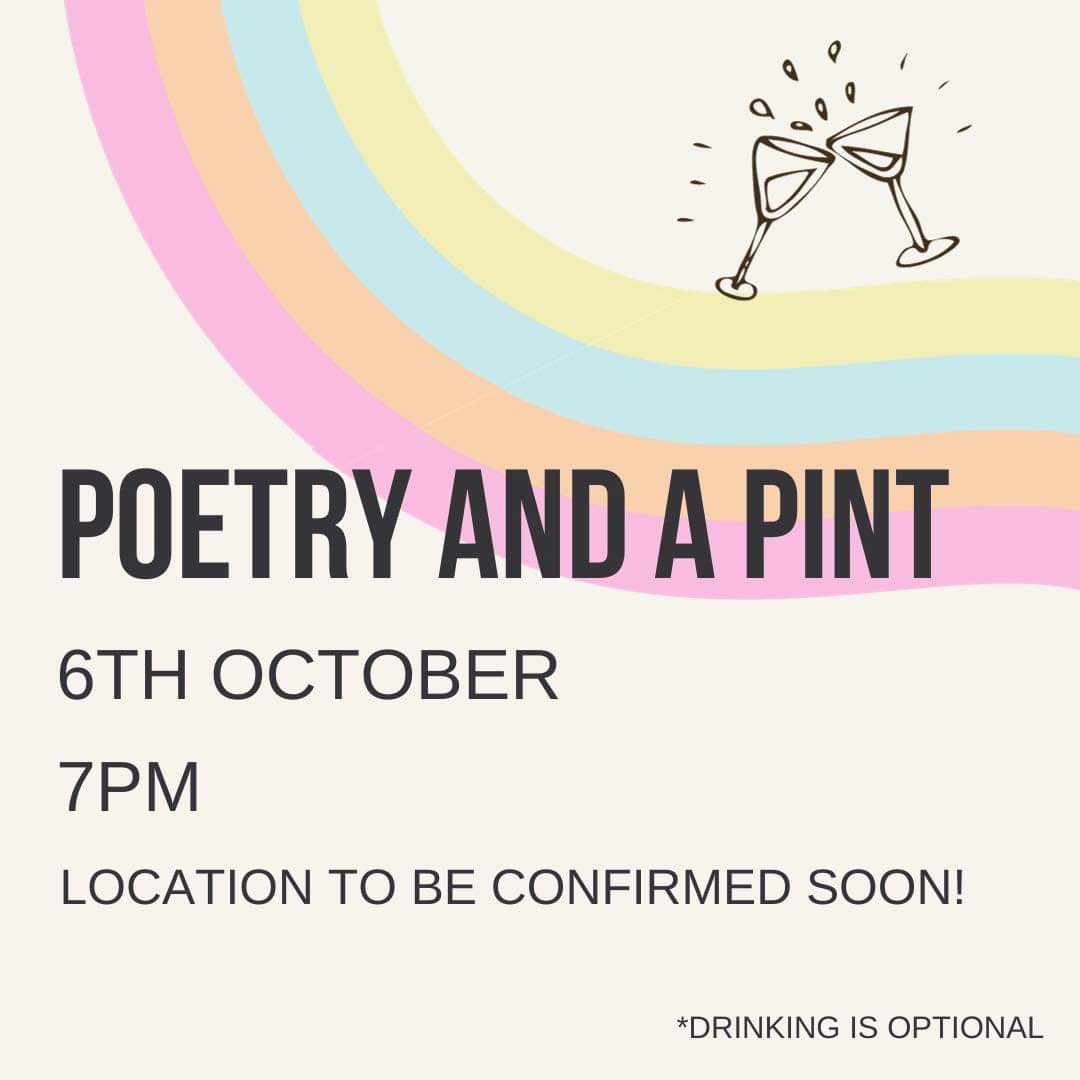 PoetryDurham's tweet photo. Poetry and a pint next Friday at 7pm! Location tbc💜 join us for an evening of chilled drinks and writing prompts :) *drinking optional https://t.co/CmCEJPhbeW