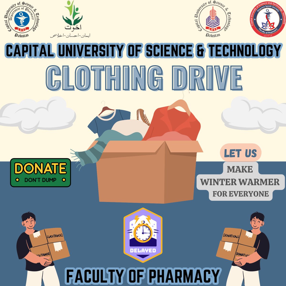 It is to notify all that due to certain reasons, the cloth drive is delayed till further notification.

#cust #fop #pharmasparksociety #socialwelfareclub