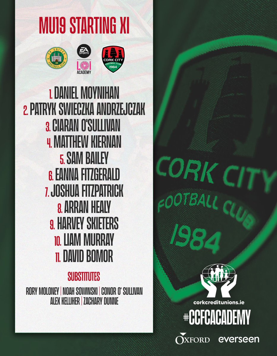 CorkCityFCAcad's tweet photo. 𝗠𝗨𝟭𝟵 📝
Our MU19 side are in action today away to CK United. The game kicks off at 1pm
Here's how they line up...
#CCFC84 | #CCFCAcademy https://t.co/Nt133jHQFt