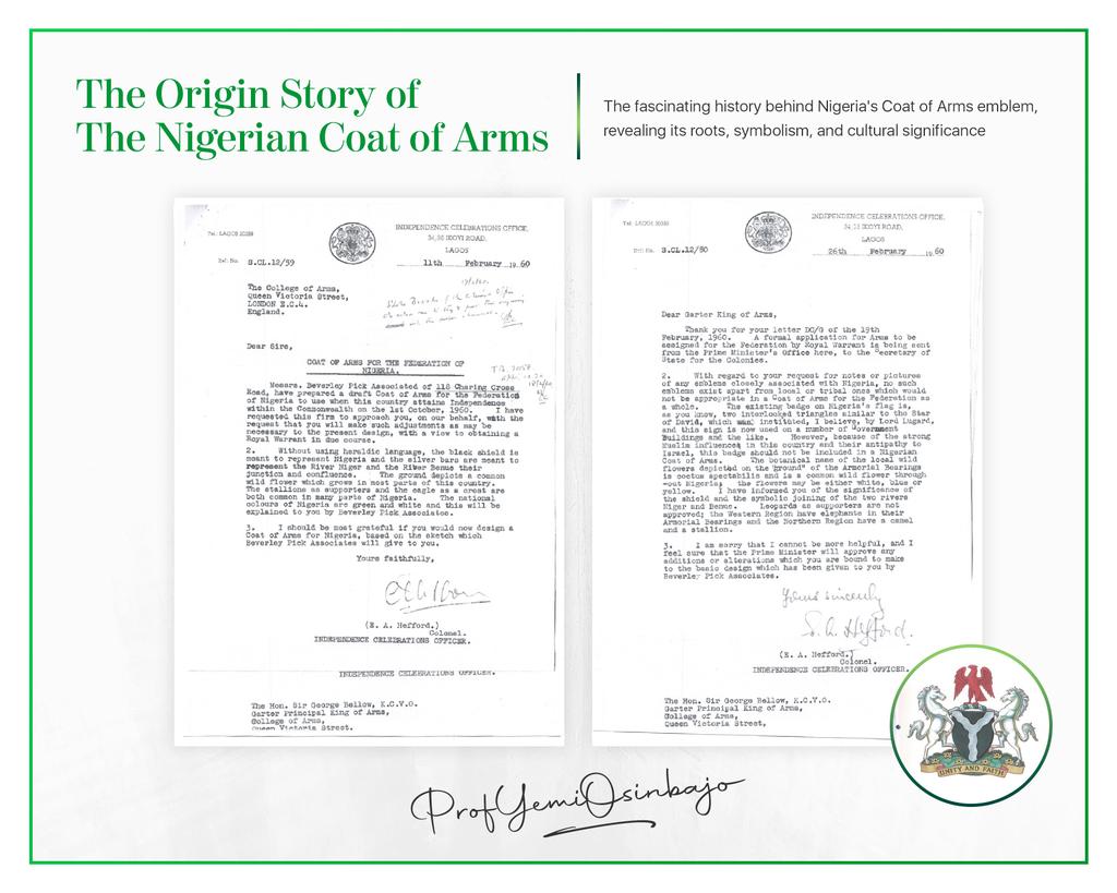 ProfOsinbajo's tweet photo. Happy Independence Day Nigeria!
Permit me to take you on a trip down memory lane to see how the Nigerian Coat of Arms was created. In the image below, we see correspondence between the Garter King of Arms, Independence Celebrations Officer and the College of Arms. https://t.co/TahCiEVgnZ