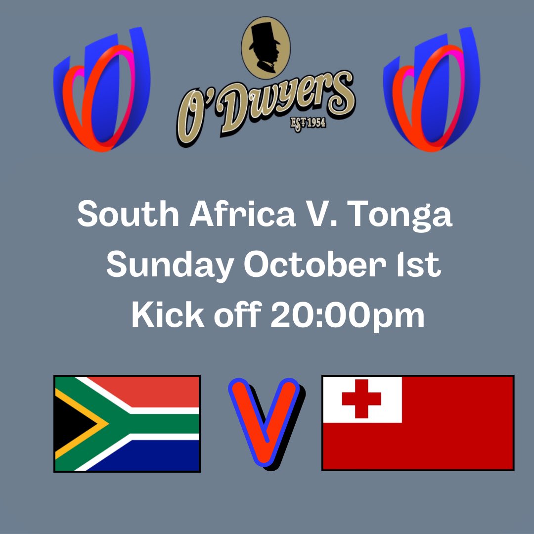 🏉 Rugby World Cup at O’Dwyers! 🏉 Watch the matches live at O’Dwyers! 🏉Australia 🇦🇺 V. Portugal 🇵🇹 - 4:45pm. 🏉South Africa 🇿🇦 V. Tonga 🇹🇴 - 8pm. Don’t miss the action! 🏉 Catch all Rugby World Cup fixtures live at O’Dwyers Kilmacud! 😃 #rwc #rugbyworldcup2023 #rugbyworldcup