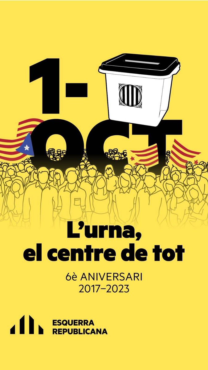ERCElCatllar's tweet photo. Avui commemorem el sisè aniversari del referèndum🗳️ de l'1 d'octubre

6️⃣ anys després, continuem ferms i decidits en posar l'urna al centre i poder assolir una República Catalana de drets i llibertats per a tothom! https://t.co/qMGQ2GqVe9