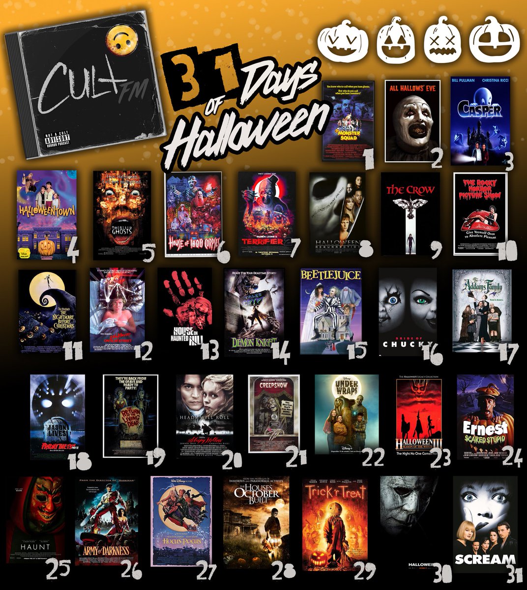 CultFMpod's tweet photo. Do YOU have the guts for our 31 Days of Halloween Challenge? 🎃

Curated with a mix of our favorites &amp; classics!

Do you accept? 🙃

#31DayHorrorChallenge #Halloween #Halloween23 #Horror https://t.co/UZYrWULuTx