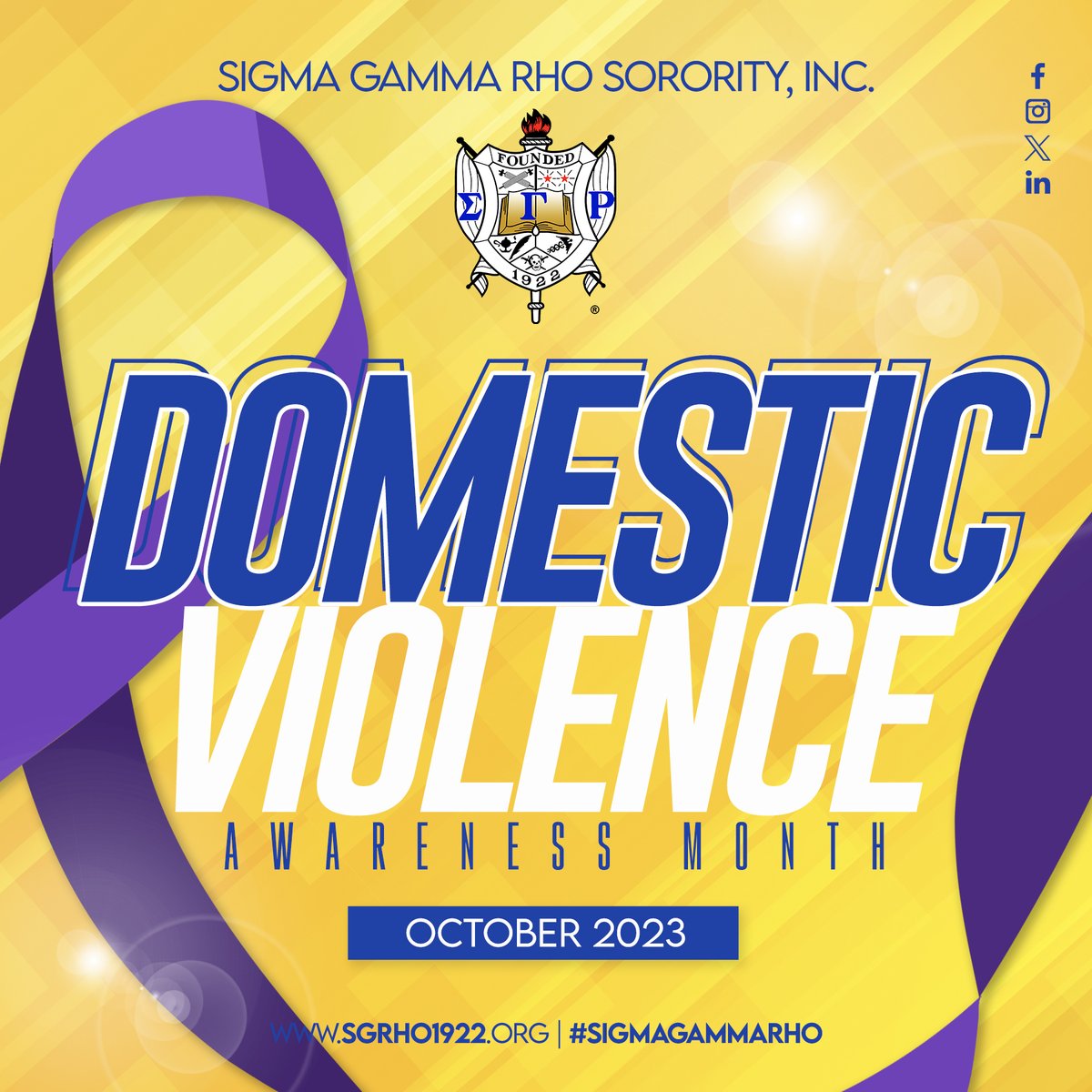 October is Domestic Violence Awareness Month. During this month, Sigma Gamma Rho Sorority, Incorporated will host events to raise awareness of Intimate Partner Violence.

The Domestic Violence Hotline number is 800-799-7233. 

#DomesticViolenceAwarenessMonth #SigmaGammaRho