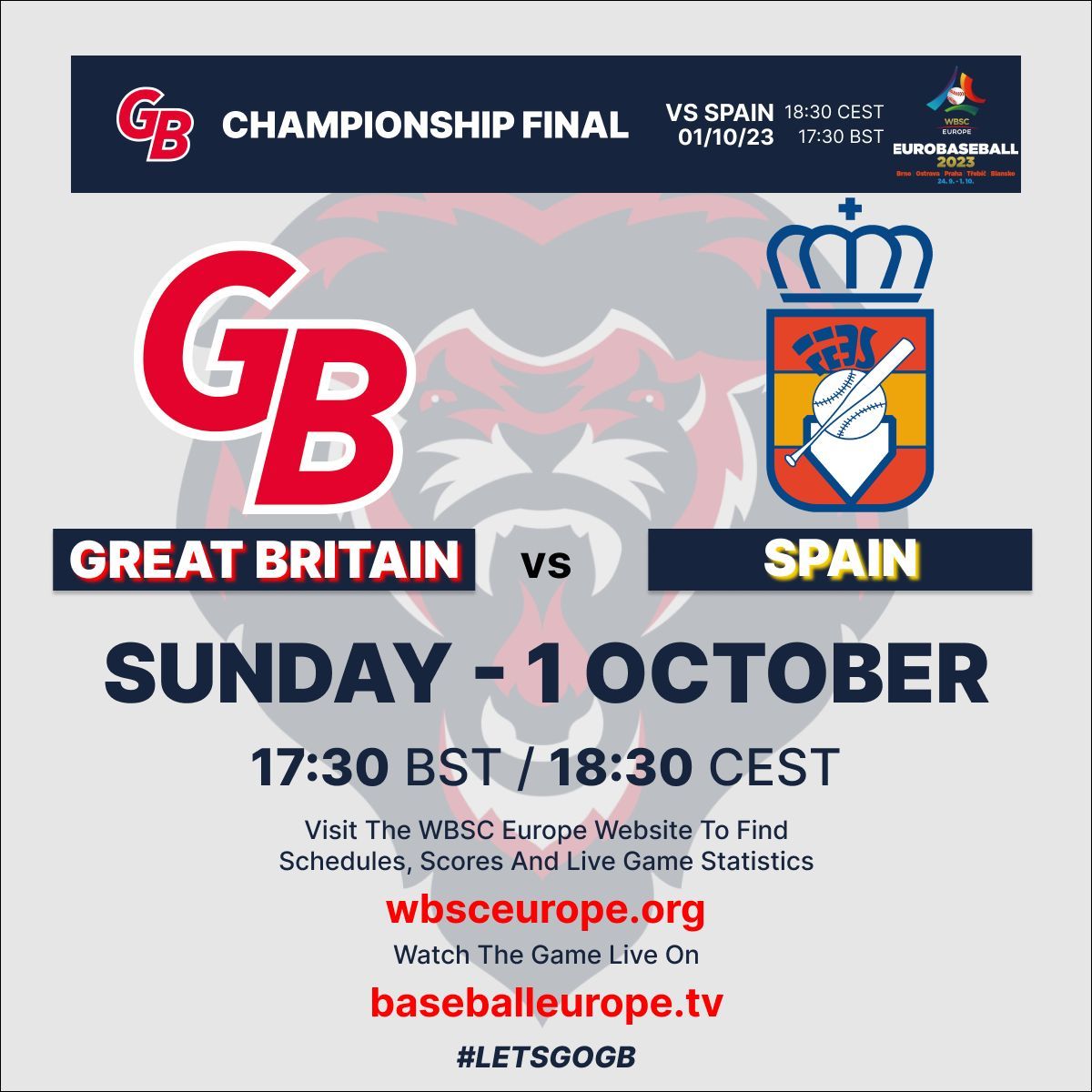 FansMLBSpain's tweet photo. Hoy es un día muy, pero que muy importante, para el béisbol español.

A partir de las 18:30, hora peninsular española, 🇪🇦 luchará por el tan ansiado oro del #EuroBaseball2023.

En frente tendrá a la selección (mundialista) de @GB_Baseball.

¡Qué gane la mejor! https://t.co/rTyo6BROb7