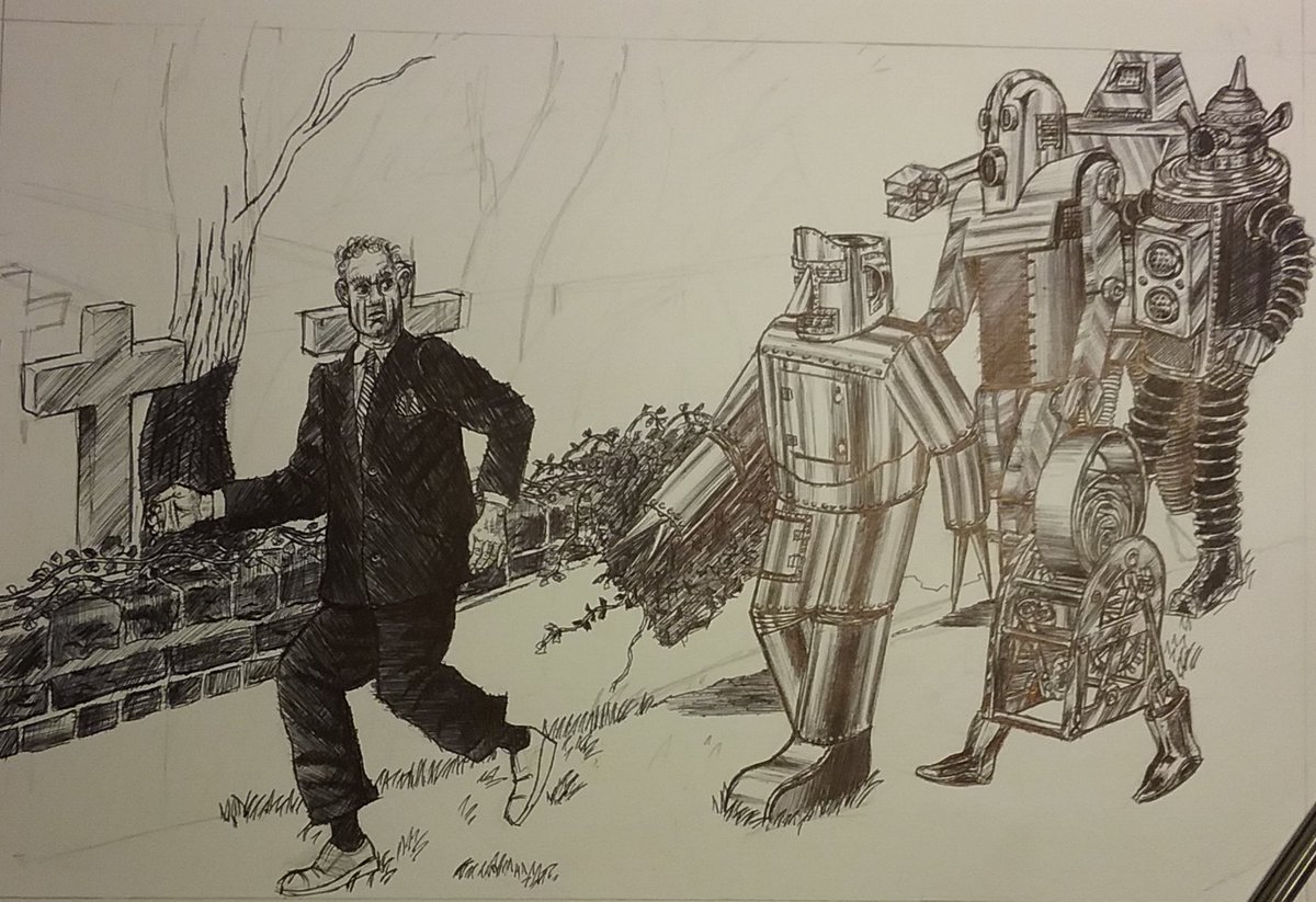 Unfinished  biro drawing: 'Mordecai, out for his daily jog, suspects that he is being followed'.

#birodrawing #ballpointpenart #jogging #robots #sciencefictionart #surrealart #paranoia
#unfinishedartwork #monochromeartwork #joningrampictorial