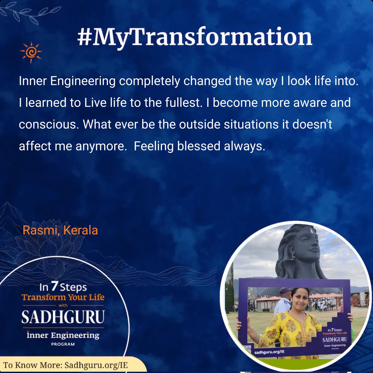 A world full of love and laughter
Let's make it happen
#mytransformation #innerengineeringwithsadhguru #Sadhguru

isha.sadhguru.org/in/en/inner-en…