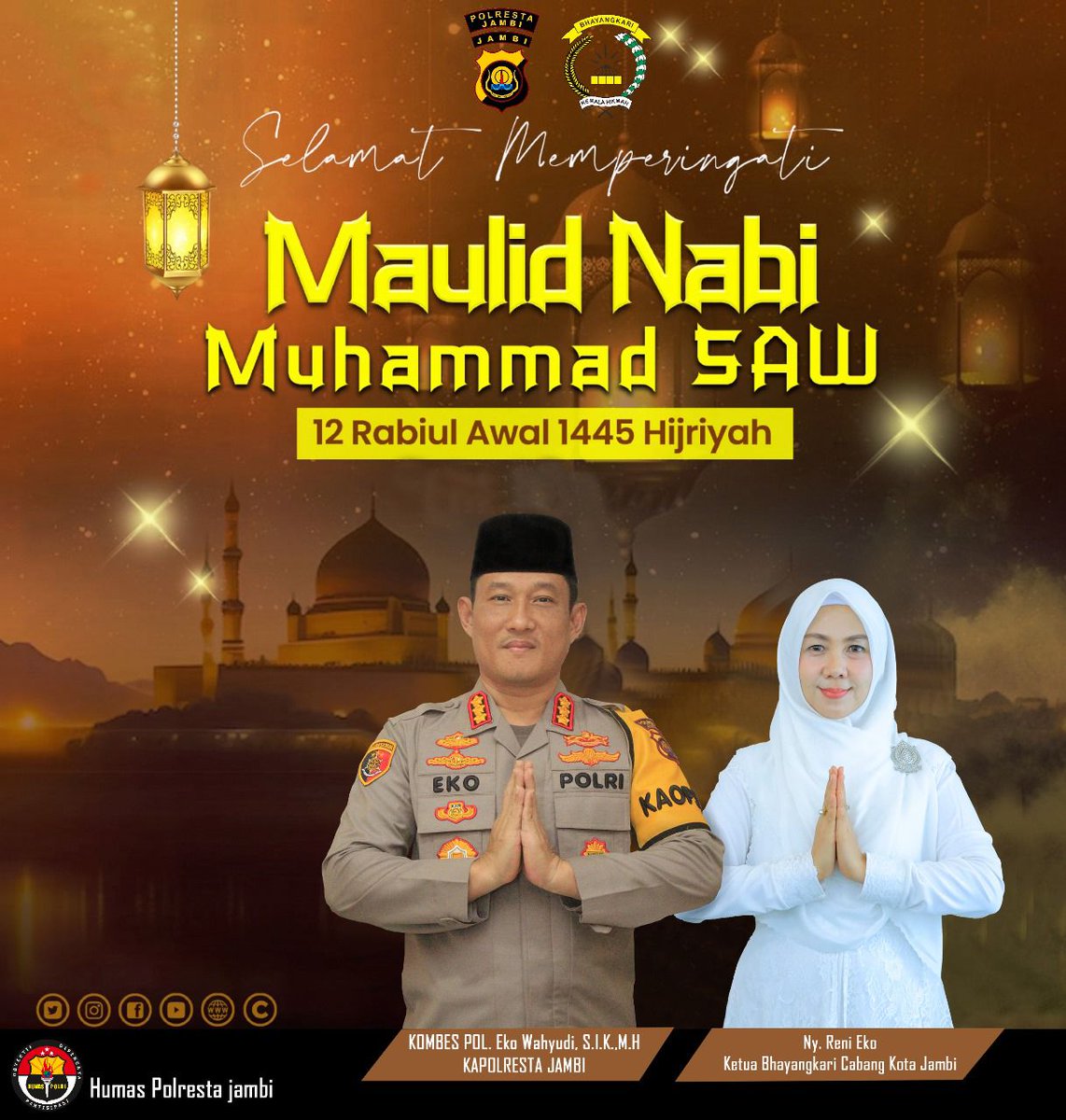 HumasJambi's tweet photo. Polresta Jambi Update
Kepala Kepolisian Resor Kota Jambi Beserta Staf dan Jajaran Mengucapkan Selamat Memperingati Maulid Nabi Muhamad SAW 12 Rabiul Awal 1445 Hijriyah.
#damaiindonesia
#polrestajambi
#jambiterkini
#jambiupdate
#jambiviral
@kapolrestajambi
@polda_jambi https://t.co/Sp9AmHZC67